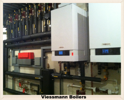 Insulated boiler Watts cross connection control devices and Viessmann Vitoden 200 wall hung boiler system.